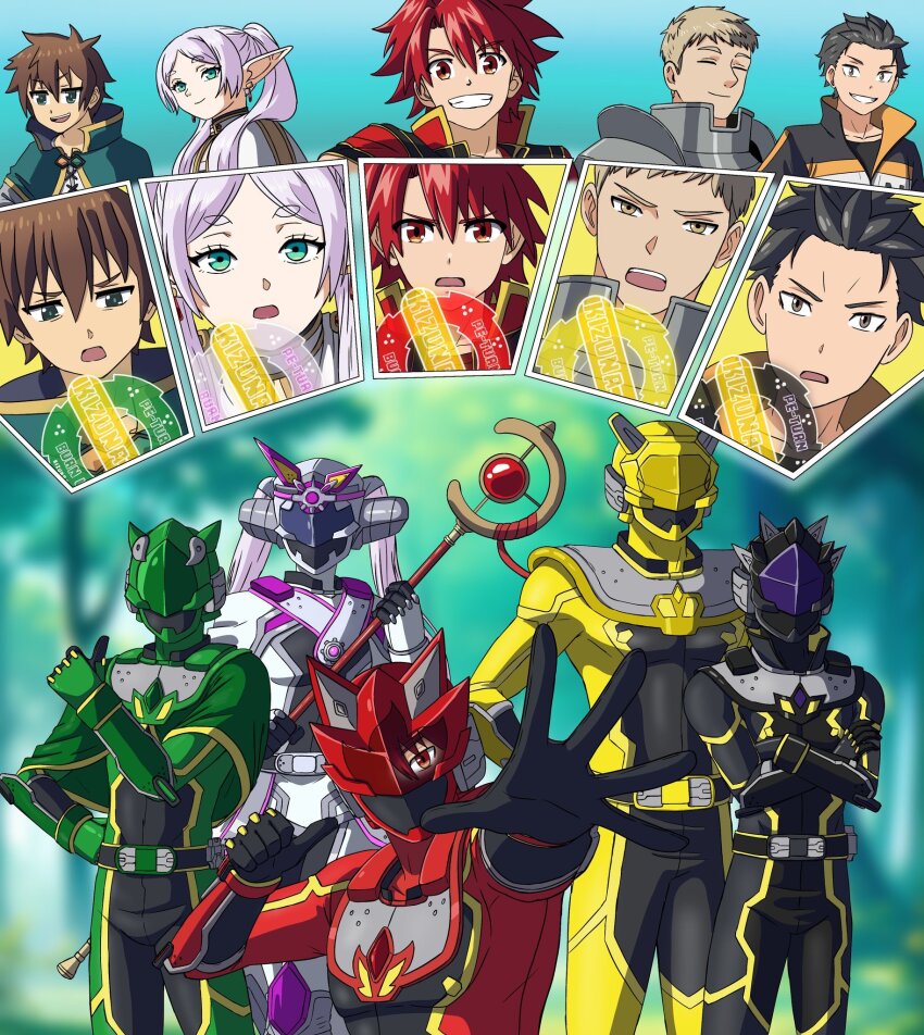 1girl, 4boys, asagaki_togo, capelet, crossover, dungeon_meshi, elf, frieren, green_capelet, group_picture, helmet, henshin_pose, highres, jacket, kono_subarashii_sekai_ni_shukufuku_wo!, laios_touden, mage_staff, multiple_boys, multiple_crossover, natsuki_subaru, pointy_ears, re:zero_kara_hajimeru_isekai_seikatsu, red_helmet, red_jacket, satou_kazuma, sentai_red_isekai_de_boukensha_ni_naru, sousou_no_frieren, staff, tokusatsu, track_jacket, track_suit, turles17, twintails