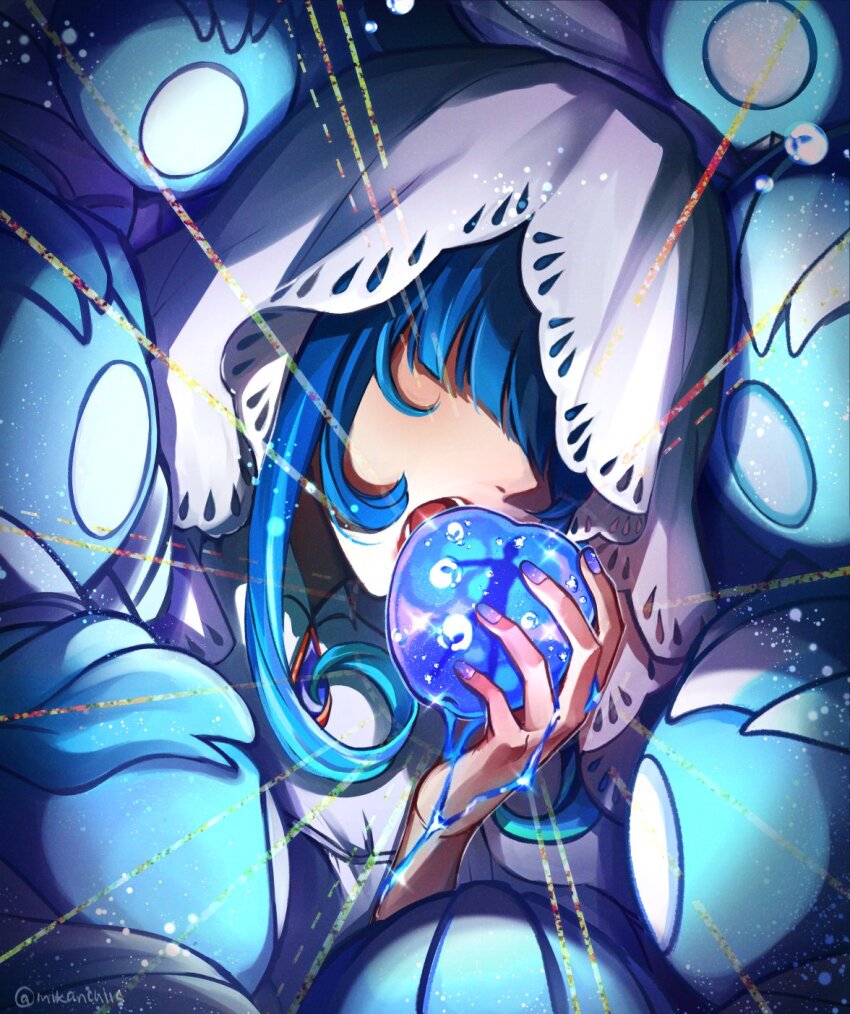 1girl, artist_name, blue_hair, blue_nails, blunt_bangs, capelet, commentary, covered_eyes