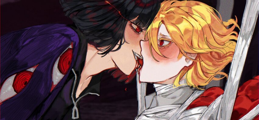 bdsm, biting, biting_another's_tongue, black_hair, black_jacket, blonde_hair, blood, bob_cut, bondage, bound, coat, collared_shirt, commentary, don_quixote_(project_moon), e.g.o_(project_moon), english_commentary, fangs, feather_boa, highres, jacket, kiss, limbus_company, mircalladesire, open_mouth, project_moon, purple_coat, red_eyes, red_eyes_(e.g.o), ryoshu_(project_moon), sancho_(project_moon), shirt, short_hair, silk, spider_web, tongue, tongue_out, wavy_hair, white_shirt, yuri