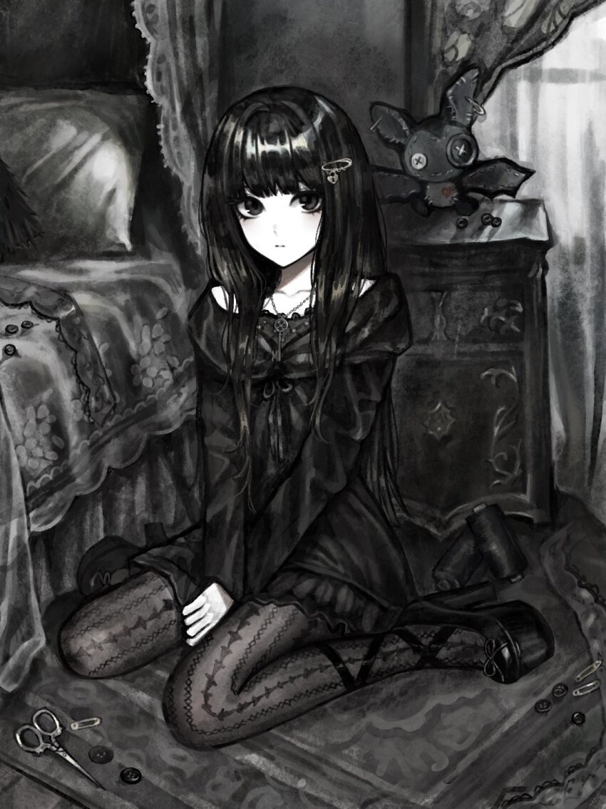 1girl, bed, bed_sheet, bedroom, black_eyes, black_hair, black_hoodie, black_pantyhose