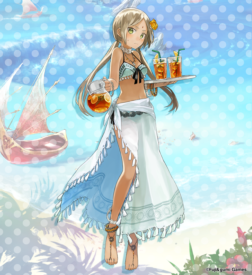 1girl, anklet, bare_shoulders, barefoot, barefoot_sandals_(jewelry), bikini, bindi, black_tea