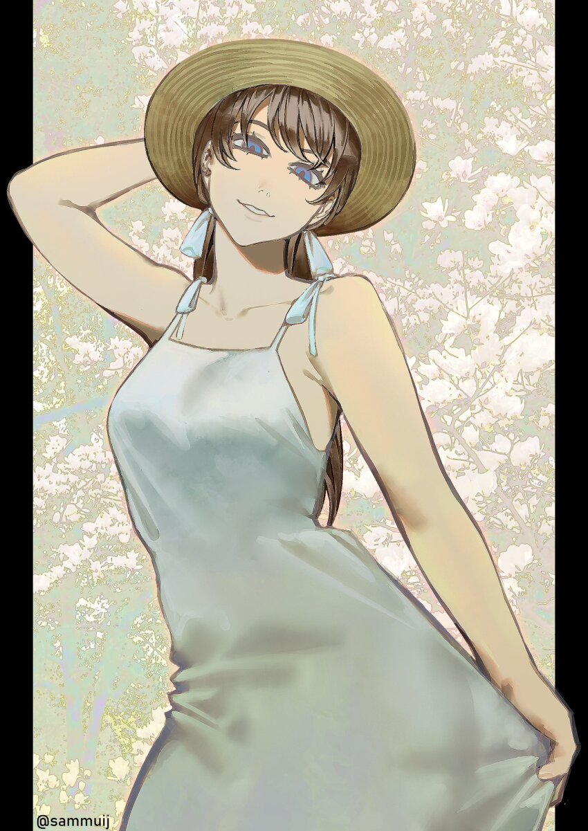 1girl, blue_eyes, brown_hair, chainsaw_man, commentary, dress, english_commentary, hat
