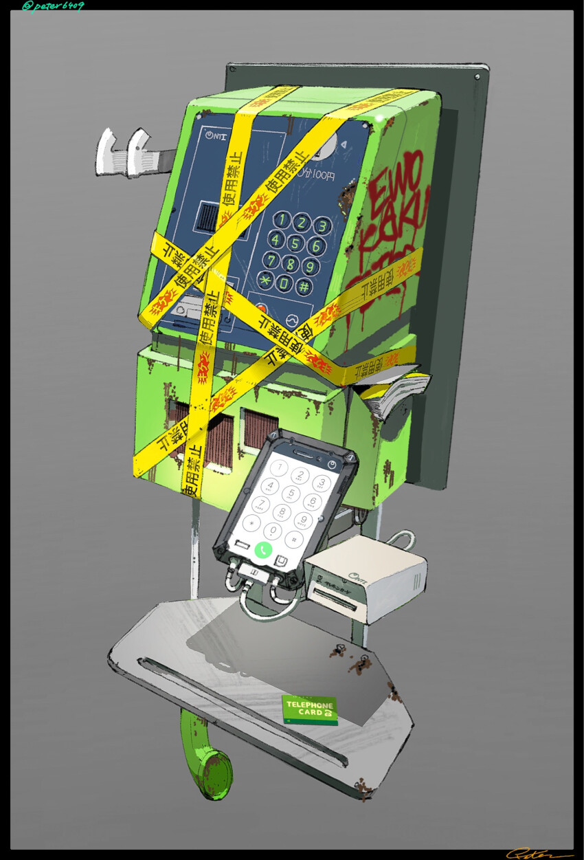 card, caution_tape, cellphone, graffiti, grey_background, highres, object_focus, original