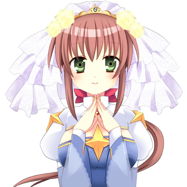1girl, arch_bishop_(ragnarok_online), blue_dress, blush, bow, breasts, bridal_veil, brown_hair