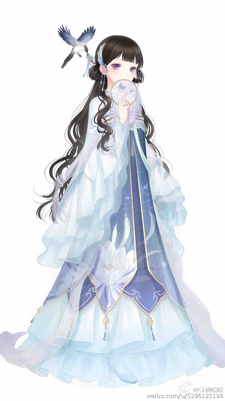 1girl, artist_request, bird, blue_hanfu, blue_ribbon, blue_tabard, blunt_bangs, brown_hair, character_request, chinese_clothes, chinese_commentary, commentary_request, covered_mouth, dot_nose, double_bun, eyelashes, feather_hair_ornament, feathers, floral_print, flower, frilled_hanfu, full_body, hair_bun, hair_flower, hair_ornament, hair_ribbon, hand_fan, hanfu, highres, holding, holding_fan, light_blush, long_hair, long_sidelocks, long_sleeves, lotus, miracle_nikki, nikki_(series), official_art, purple_eyes, purple_flower, ribbon, second-party_source, sidelocks, simple_background, sky, solo, standing, tabard, tuanshan, very_long_hair, watermark, wavy_hair, weibo_watermark, white_background, wide_sleeves