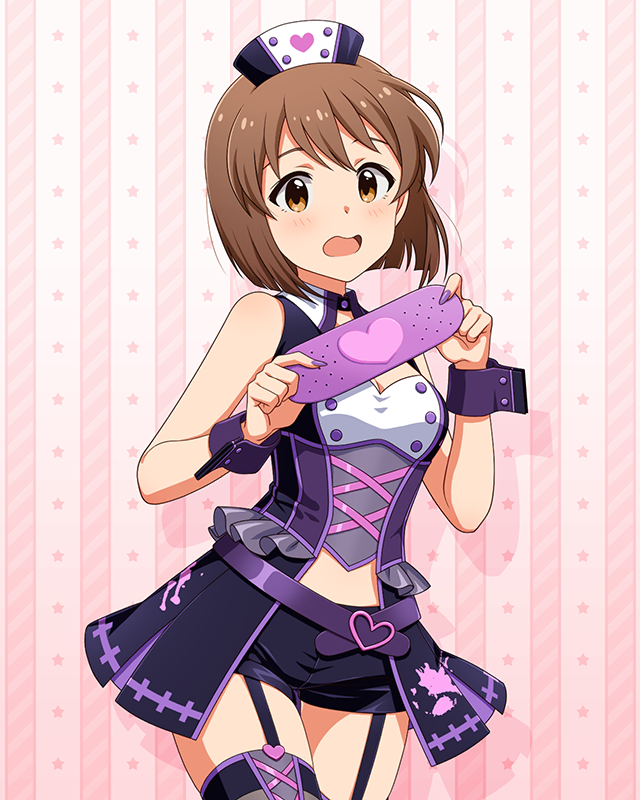 1girl, anime_coloring, bandaid, belt, black_shorts, blunt_ends, breasts, brown_hair, cleavage, cleavage_cutout, clothing_cutout, concept_take_care_(idolmaster), cowboy_shot, dot_nose, dress, garter_straps, hagiwara_yukiho, hands_up, hat, heart, holding, holding_bandaid, idolmaster, idolmaster_(classic), idolmaster_million_live!, idolmaster_million_live!_theater_days, light_blush, looking_at_viewer, medium_breasts, multicolored_dress, navel_cutout, nurse, nurse_cap, official_alternate_costume, official_art, open_mouth, pink_background, purple_belt, purple_dress, purple_wrist_cuffs, short_hair, shorts, sleeveless, sleeveless_dress, solo, standing, star_(symbol), wavy_mouth, wrist_cuffs