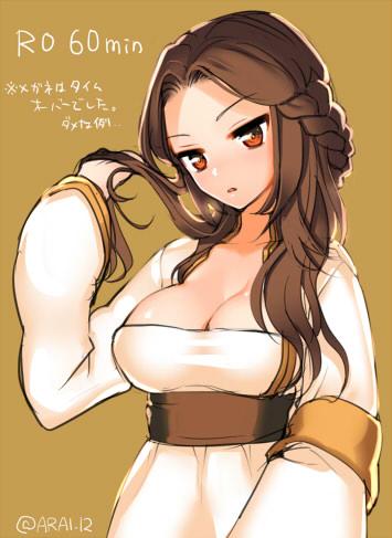 1girl, arai_12, braid, breasts, brown_background, brown_eyes, brown_hair, brown_sash