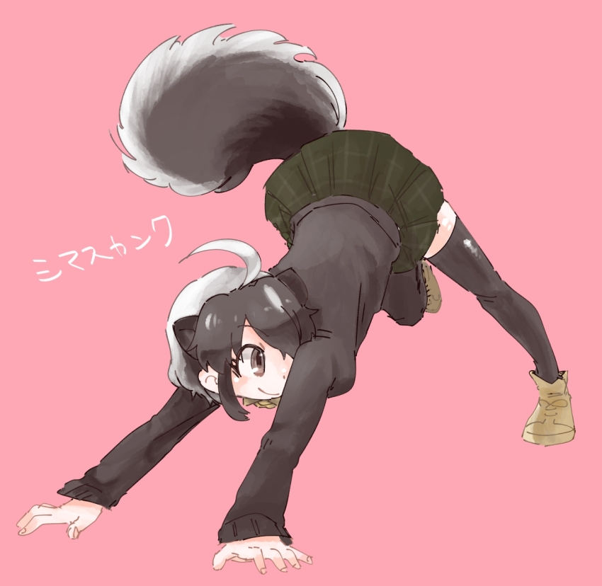 1girl, ahoge, animal_ears, black_eyes, black_hair, black_sweater, black_thighhighs, boots