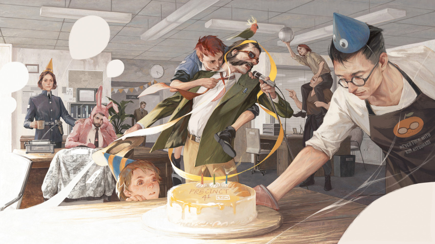 1girl, 6+boys, animal_costume, apron, balloon, beard, belt, birthday_cake