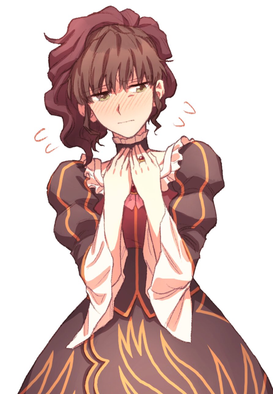 1girl, beatrice_(umineko), beatrice_(umineko)_(cosplay), black_dress, blush, brown_hair, closed_mouth, commentary_request
