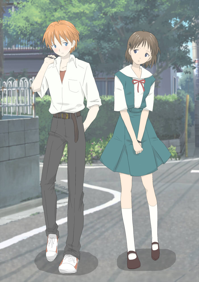 1boy, 1girl, blue_eyes, brown_hair, fumi_(k3fmcn77), fumi_(pixiv), genderswap, genderswap_(ftm), genderswap_(mtf), hair_ornament, ikari_shinji, neon_genesis_evangelion, orange_hair, school_uniform, serafuku, shin-chan_(evangelion), shoes, short_hair, sneakers, souryuu_asuka_langley, white_legwear