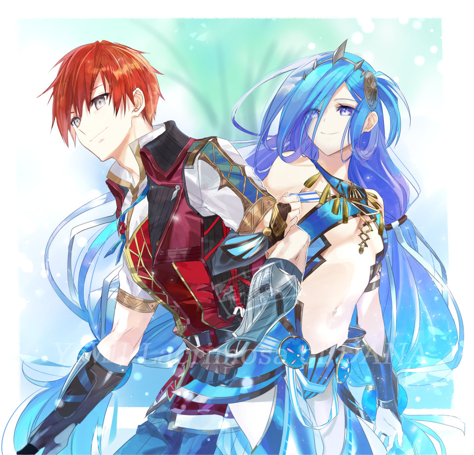 1boy, 1girl, adol_christin, blue_eyes, blue_hair, border, breasts, closed_mouth