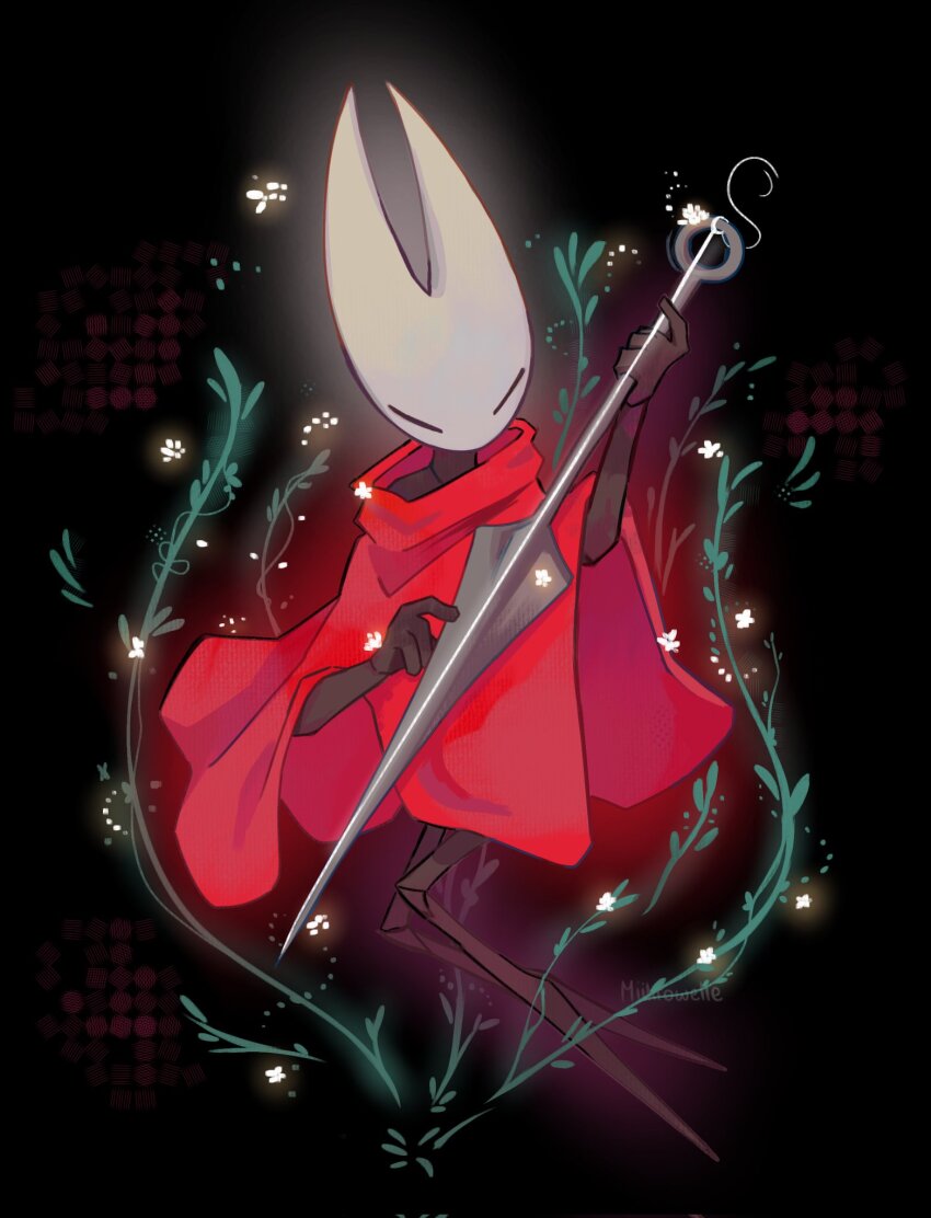 1girl, black_background, cloak, closed_eyes, commentary, english_commentary, full_body, highres, holding, holding_needle, holding_weapon, hollow_knight, hornet_(hollow_knight), miikrowelle, needle, red_cloak, solo, weapon