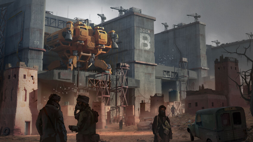 3others, aircraft, airship, crane_(machine), dieselpunk, dock, gas_mask, gloves