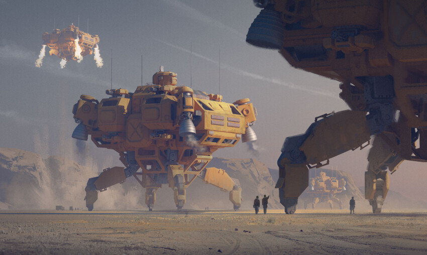 3others, aircraft, airship, dieselpunk, highfleet, highres, landing_gear, mechanical_legs, military_vehicle, multiple_others, nozzle, radio_antenna, rocket_engine, ship, smoke, tagme, thomas_puggelli, thrusters, vehicle_focus, watercraft