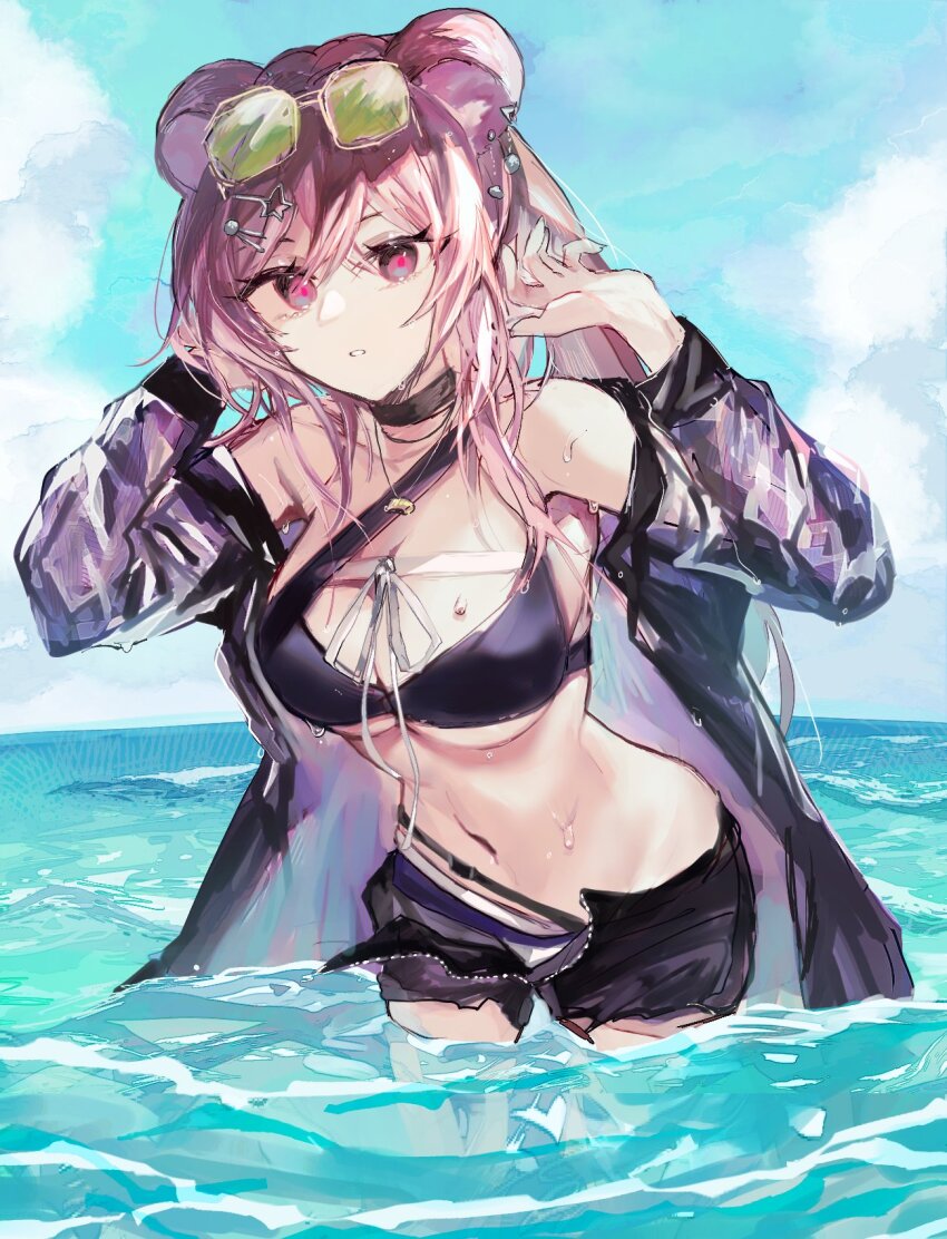 1girl, animal_ears, arknights, bikini, black_bikini, black_choker, black_jacket, black_shorts