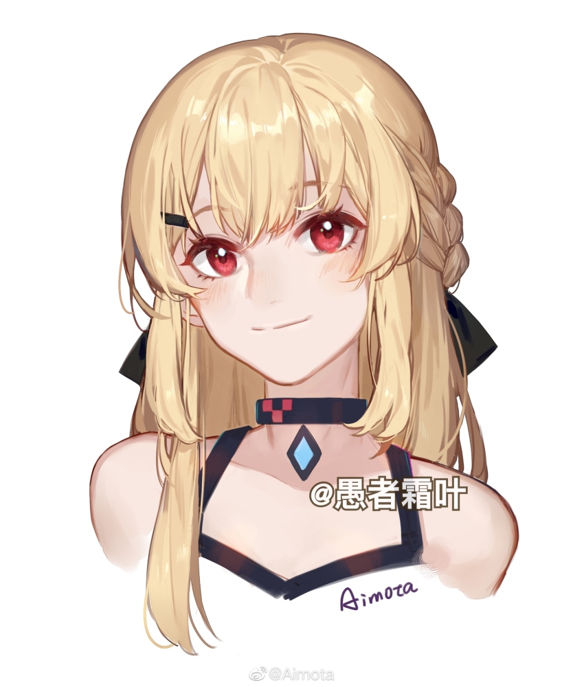 1girl, absurdres, aimota, bare_shoulders, black_bow, black_choker, blonde_hair, bow