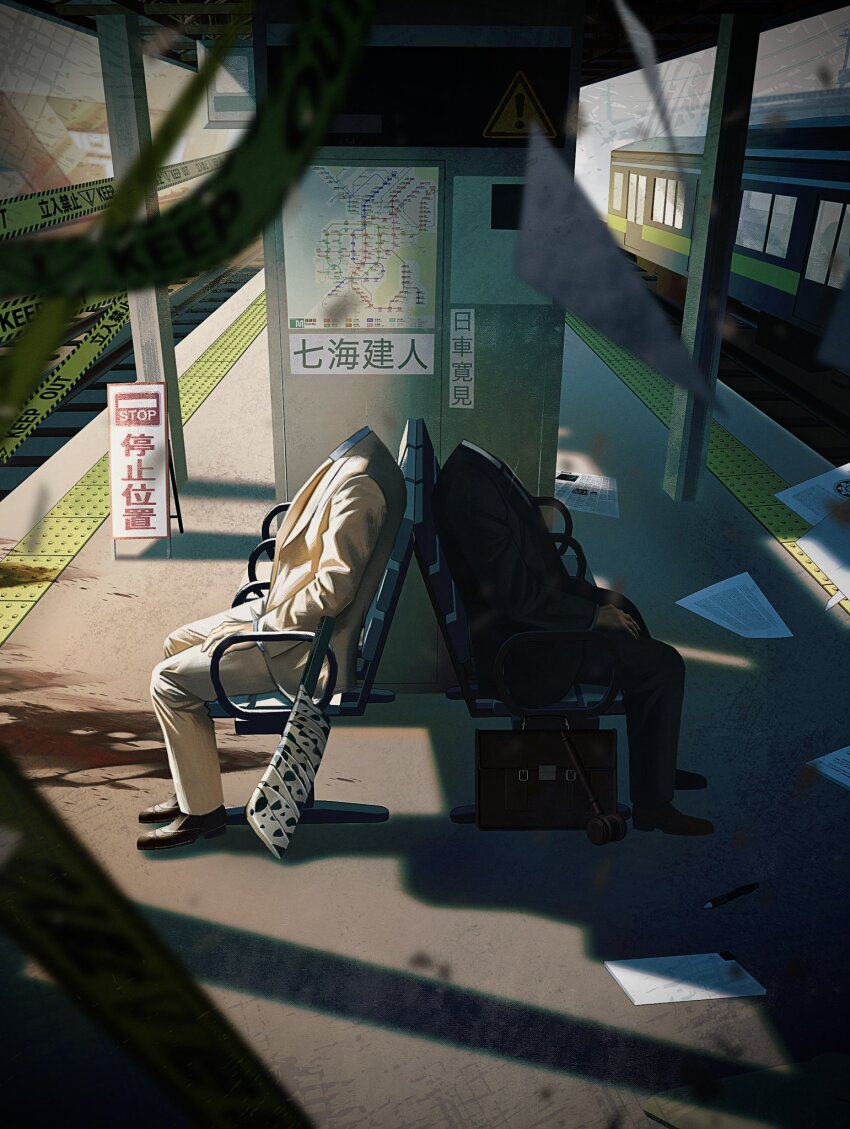2boys, back-to-back, bench, black_jacket, black_pants, black_suit, blood, blood_on_ground, blood_splatter, blue_shirt, brown_shoes, caution_tape, collared_shirt, commentary, door, dress_shoes, english_commentary, facing_to_the_side, flying_paper, formal_clothes, from_above, gavel, glint, hand_on_own_leg, headless, highres, higuruma_hiromi, itsiitsubox, jacket, jujutsu_kaisen, keep_out, long_sleeves, male_focus, map_(object), multiple_boys, nanami_kento, on_bench, pants, paper, pen, perspective, power_lines, railroad_tracks, shirt, shoes, sidelighting, sign, sitting, spoilers, suit, suit_jacket, suitcase, sunlight, sword, tactile_paving, train, train_station, train_station_platform, utility_pole, vanishing_point, weapon, white_jacket, white_pants, white_shirt, white_suit, window