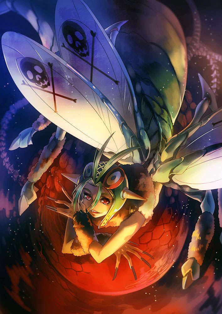 1girl, arthropod_girl, beelzebub_(megami_tensei), demon_(megami_tensei), female_focus, fingernails, green_hair, insect_wings
