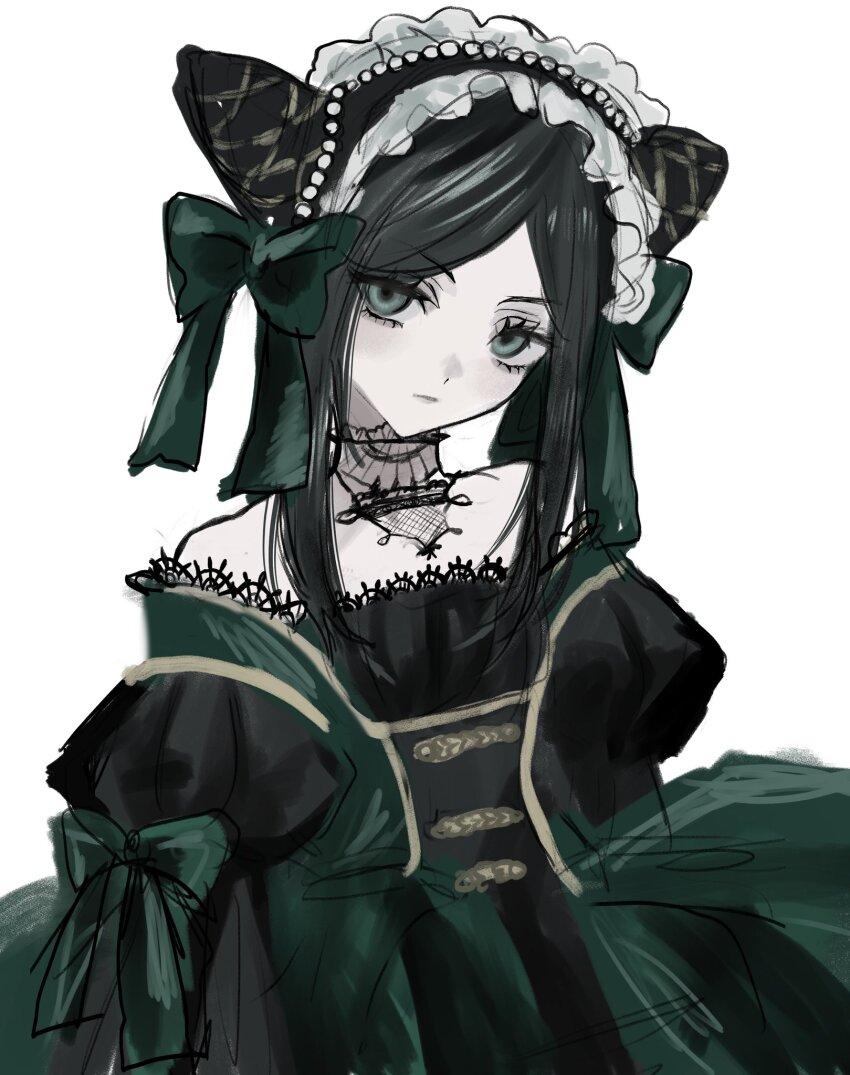 1girl, akai_ringo_(eveyuno), black_dress, black_hair, bow, closed_mouth, commentary, detached_collar