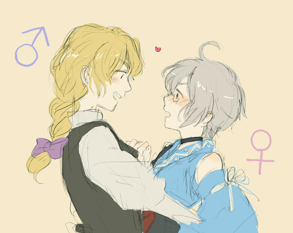 1boy, 1girl, bad_id, bad_pixiv_id, blonde_hair, braid, genderswap, genderswap_(ftm)