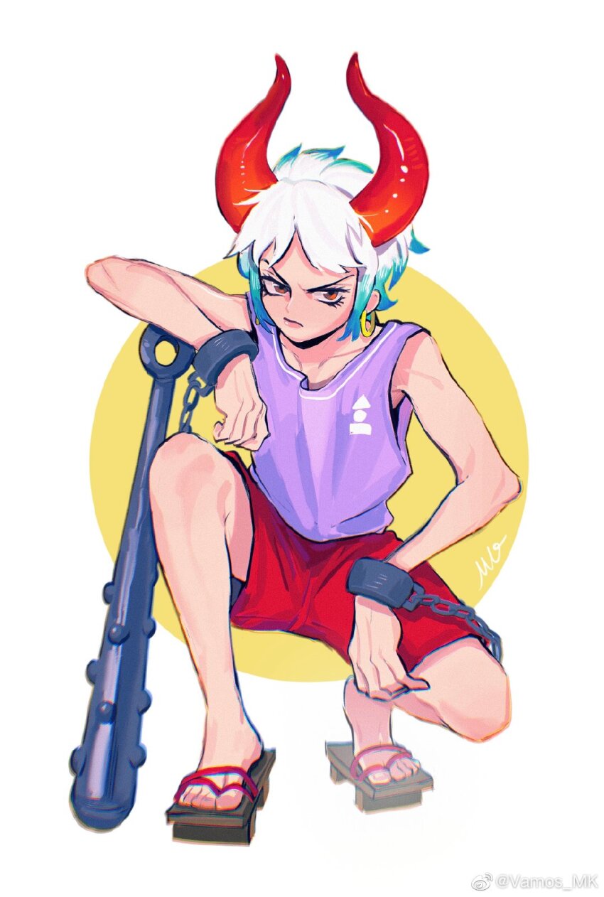 1girl, aged_down, closed_mouth, club_(weapon), cuffs, earrings, full_body, geta