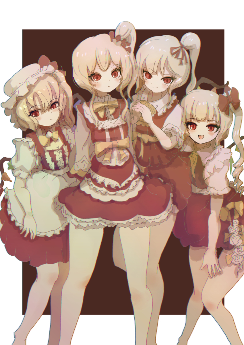 4girls, alternate_costume, alternate_hairstyle, apron, asakazu, ascot, bare_legs, blonde_hair