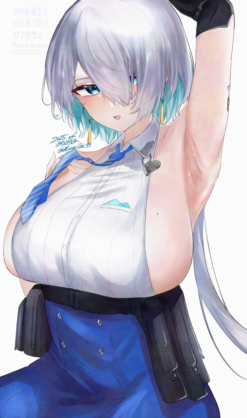 1girl, absurdres, aqua_hair, arm_up, armpits, blue_dress, blue_eyes, blue_necktie