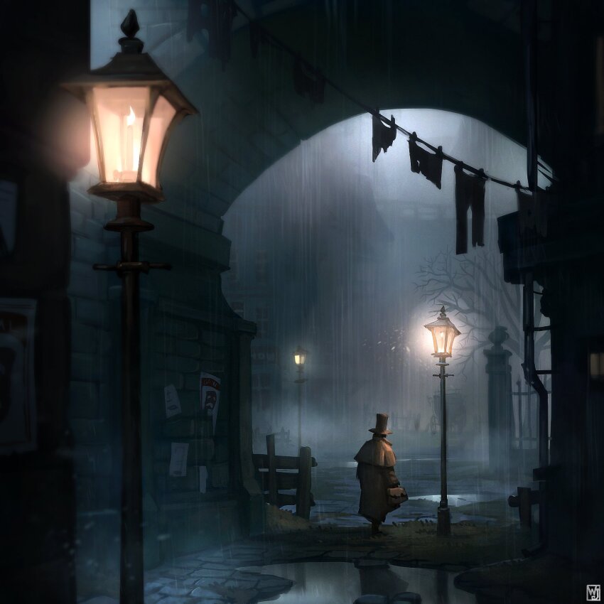 1boy, arch, artist_logo, bag, bare_tree, black_gloves, bulletin_board, clothesline