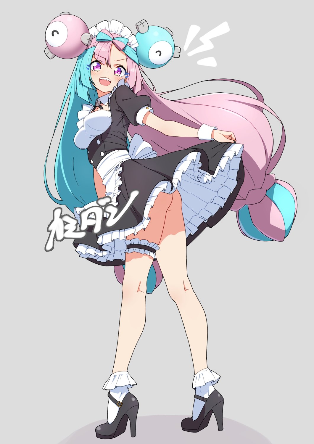 1girl, apron, black_dress, black_ribbon, black_shoes, blue_hair, blue_light, blush, bow-shaped_hair, breasts, collar, commentary, detached_collar, double_bun, dress, fake_hair_bun, frilled_apron, frills, grey_background, hair_bun, high_heels, highres, iono_(pokemon), kamidan, kneepits, long_hair, looking_at_viewer, maid, maid_apron, maid_headdress, multicolored_hair, neck_ribbon, nintendo, open_mouth, pink_hair, pokemon, pokemon_scarlet_and_violet, ribbon, shoes, short_sleeves, simple_background, smile, socks, solo, split-color_hair, teeth, thighs, two-tone_hair, upper_teeth_only, v-shaped_eyebrows, waist_apron, white_apron, white_collar, white_socks