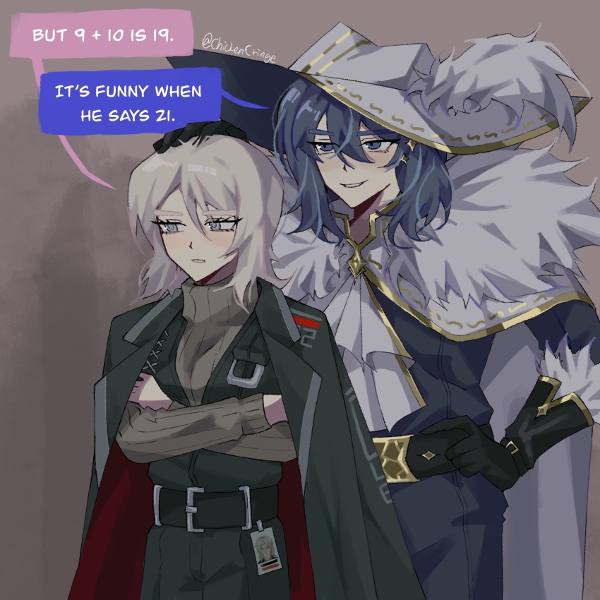 1boy, 1girl, ascot, belt, black_gloves, black_suit, blue_eyes, blue_hair