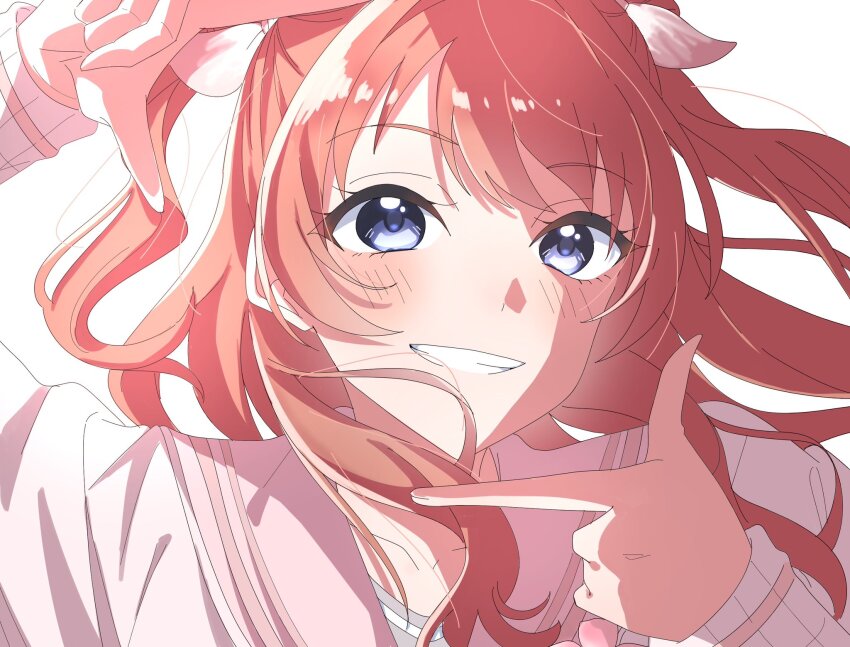 1girl, blue_eyes, brown_hair, collarbone, commentary, finger_frame, floating_hair, gakuen_idolmaster, grin, hanami_saki, highres, idolmaster, kei_hotaru28, long_hair, long_sleeves, looking_at_viewer, official_alternate_costume, pink_sailor_collar, portrait, sailor_collar, sakura_photograph_(idolmaster), school_uniform, serafuku, shirt, simple_background, sleeves_past_wrists, smile, solo, two_side_up, white_background, white_shirt