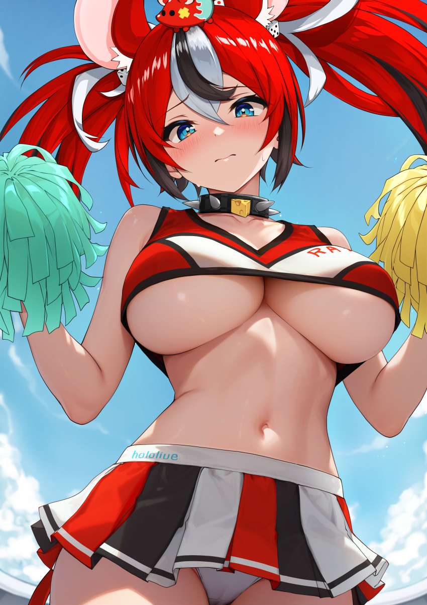 1girl, absurdres, ai-assisted, animal_ear_fluff, animal_ears, blue_eyes, blue_sky, blush, breasts, cheerleader, closed_mouth, cloud, collar, day, dice_hair_ornament, hair_ornament, hakos_baelz, hands_up, highres, hololive, hololive_english, large_breasts, miniskirt, mouse_ears, mouse_girl, mouse_hair_ornament, mr._squeaks_(hakos_baelz), multicolored_hair, navel, otokucha, outdoors, panties, pantyshot, pom_pom_(cheerleading), skirt, sky, solo, spiked_collar, spikes, stomach, streaked_hair, twintails, underboob, underwear, virtual_youtuber, white_panties