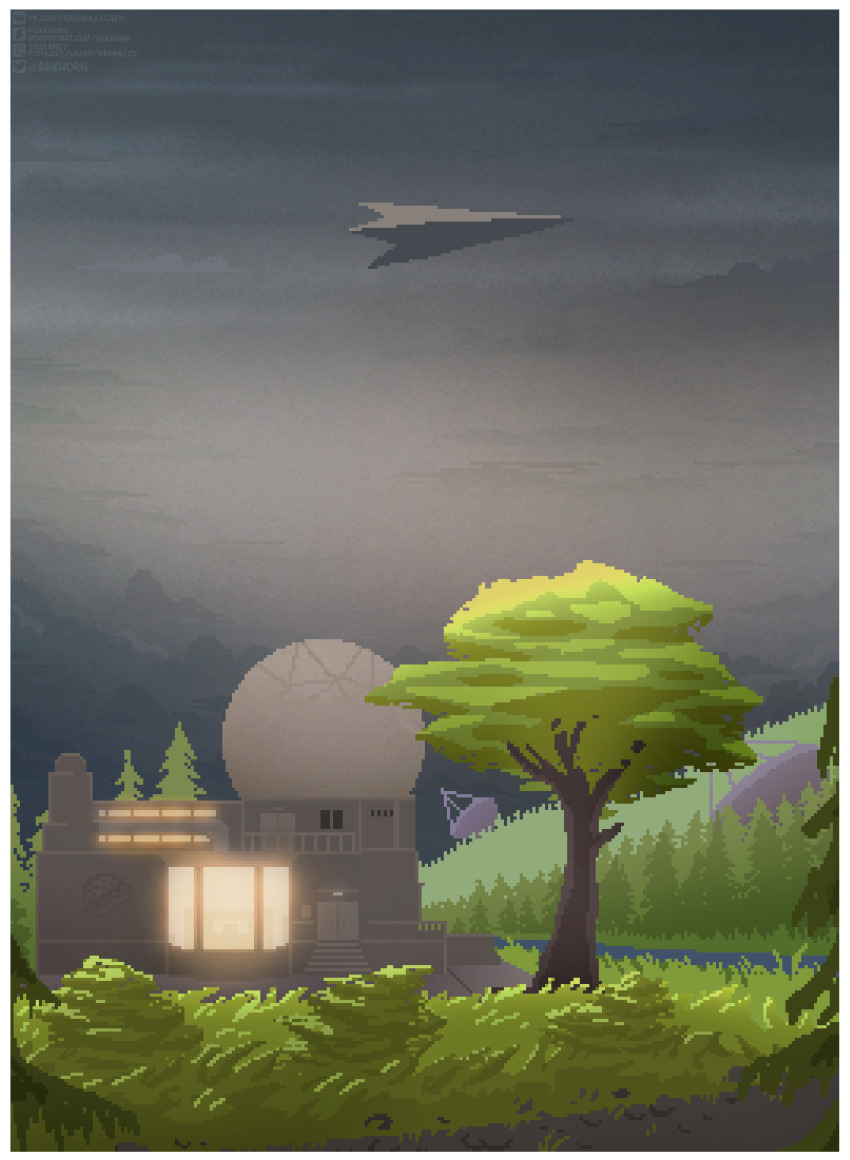 absurdres, artist_name, border, building, cloud, cloudy_sky, ederney, graffiti, grey_sky, highres, landscape, leaf, mountainous_horizon, outside_border, pixel_art, river, satellite_dish, scenery, sky, spacecraft, tree, voices_of_the_void, white_border