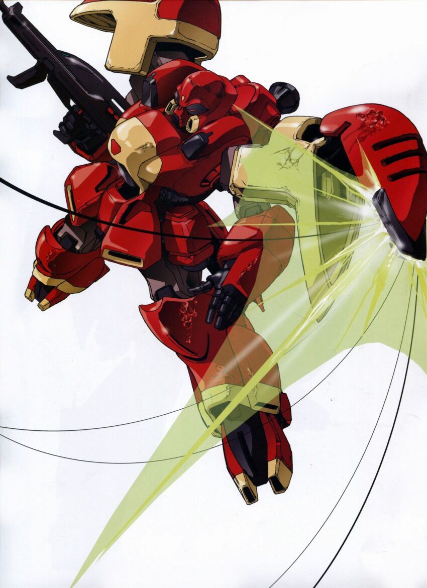 1990s_(style), artist_request, beam_rifle, beam_shield, energy_gun, gundam, highres, machinery, mecha, mecha_focus, mobile_suit, no_humans, official_art, retro_artstyle, robot, scan, science_fiction, traditional_media, victory_gundam, weapon, white_background, zanscare, zoloat