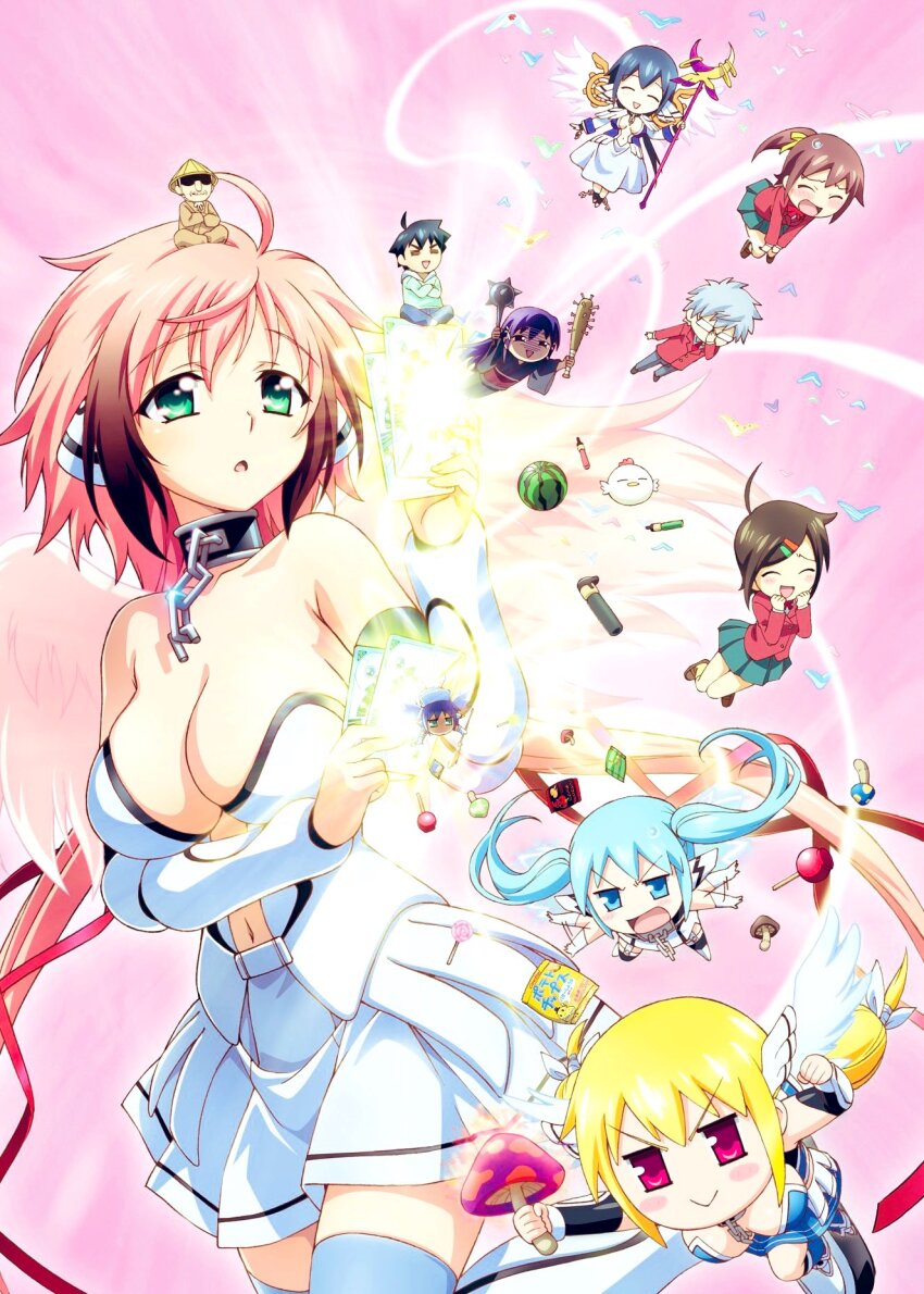 3boys, 6+girls, :>, astraea_(sora_no_otoshimono), bare_shoulders, black_hair, blonde_hair, blue_eyes