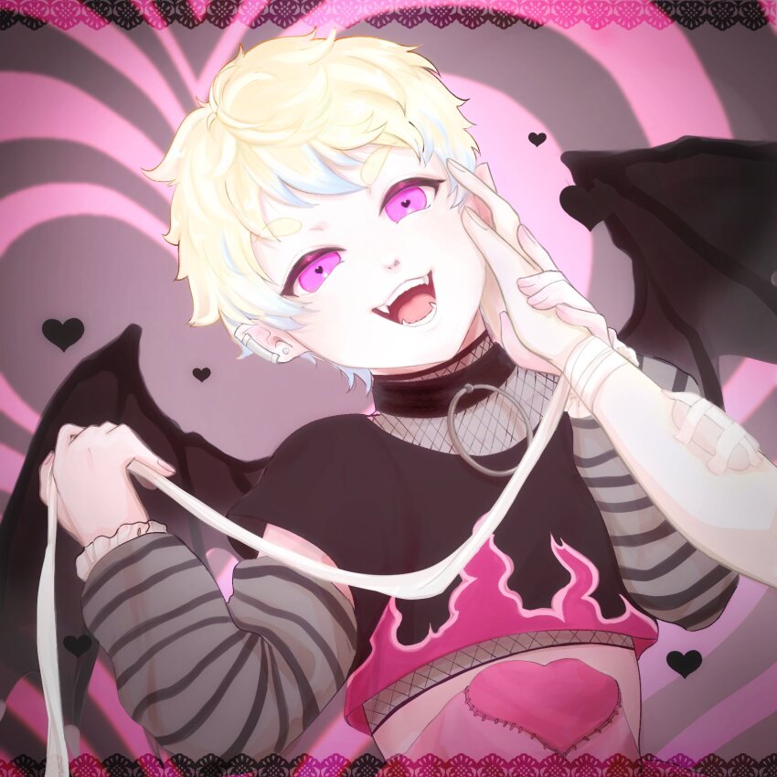 1boy, alternate_eye_color, bat_wings, be23_fa, blonde_hair, blue_hair, child, choker, earrings, fangs, female_pov, heart, highres, indie_utaite, jewelry, lavie_(vocaloid), male_focus, multicolored_hair, navel, pink_eyes, pov, short_hair, two-tone_hair, un-c_(utaite), utaite, wings