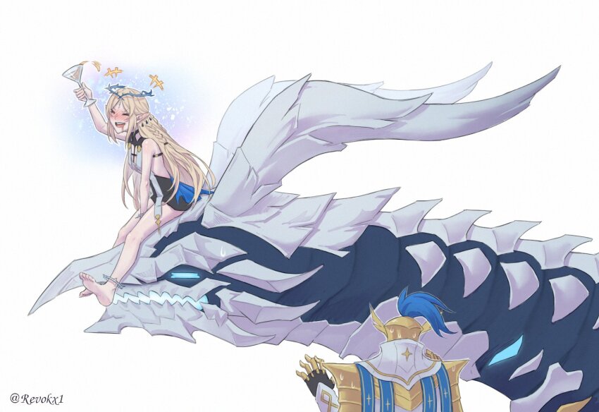 +++, 1girl, 1other, bare_shoulders, barefoot, black_dress, blonde_hair, blush