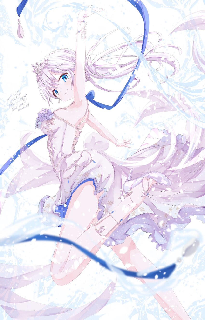 1girl, blue_eyes, blurry, commission, depth_of_field, dress, earrings, floating_hair