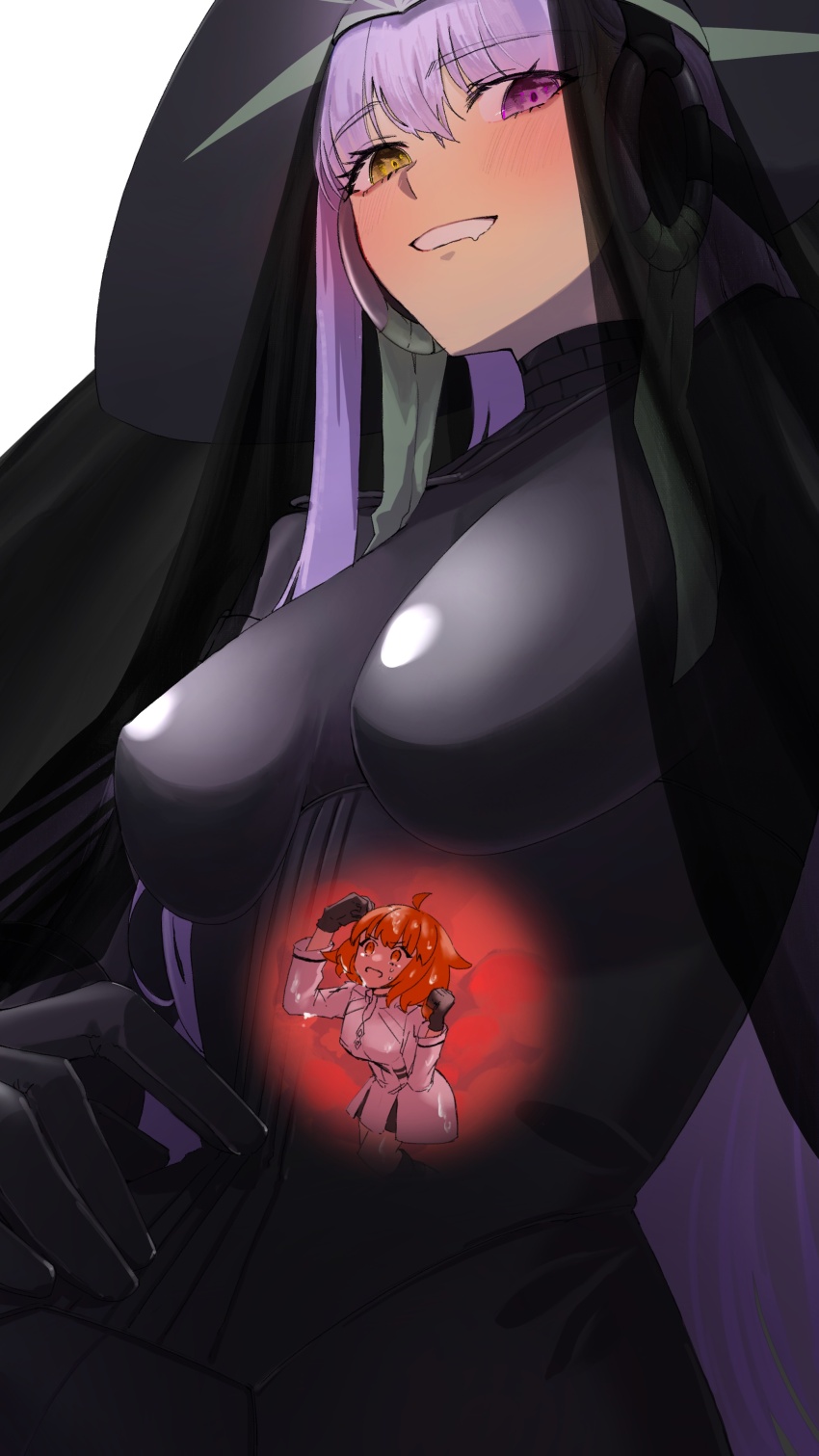 2girls, absurdres, ahoge, black_bodysuit, black_gloves, black_headdress, blush, bodysuit, breasts, dripping, fate/grand_order, fate_(series), fujimaru_ritsuka_(female), giant, giantess, gimp_suit, gloves, green_ribbon, hair_ribbon, heterochromia, highres, kingprotea_(fate), large_breasts, latex, latex_bodysuit, long_hair, medium_breasts, multiple_girls, orange_hair, purple_eyes, purple_hair, ribbon, saliva, short_hair, smile, toumokorosi_01, very_long_hair, vore, x-ray, xochitonal_(fate), yellow_eyes