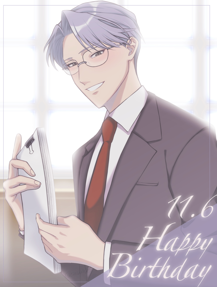 1boy, binder_clip, dated, day, formal_clothes, glasses, grey_eyes, grey_hair, happy_birthday, highres, himuro_reiichi, indoors, long_sleeves, male_focus, necktie, red_necktie, short_hair, smile, suit, swkr_3196_(sawa96), tokimeki_memorial, tokimeki_memorial_girl's_side, tokimeki_memorial_girl's_side_1st_love