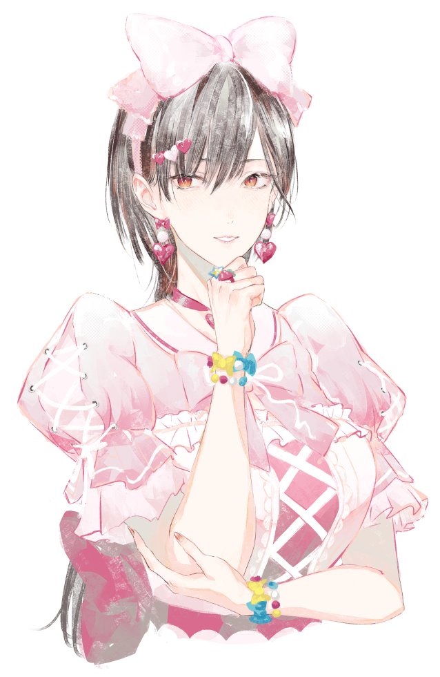 1girl, black_hair, bow, bow_hairband, bowtie, bracelet_bow, breasts, commentary