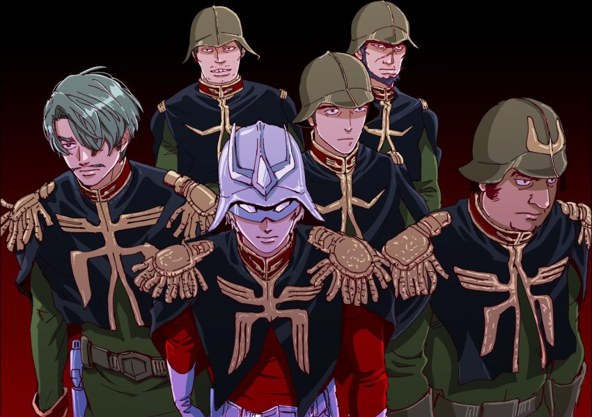 6+boys, beard, belt, black_background, black_eyes, black_hair, challia_bull, char_aznable, character_request, dren_(gundam), epaulettes, eye_mask, facial_hair, gradient_background, green_hair, gundam, gundam_gquuuuuux, helmet, highres, jacket, long_sleeves, male_focus, mask, military_uniform, mobile_suit_gundam, mulligan_(gundam), multiple_boys, red_background, scar, scar_on_face, scar_on_nose, short_hair, simple_background, uno87s