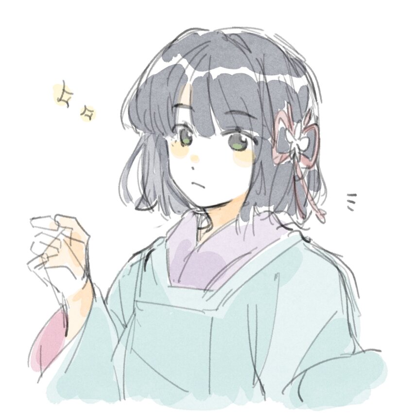 1girl, blunt_bangs, blush, bob_cut, closed_mouth, clothing_request, flower, flower_knot