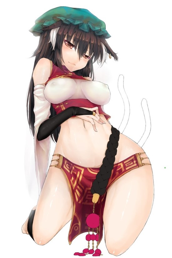 1girl, animal_ears, bteele, cat_tail, chen, multiple_tails, non-web_source, tail