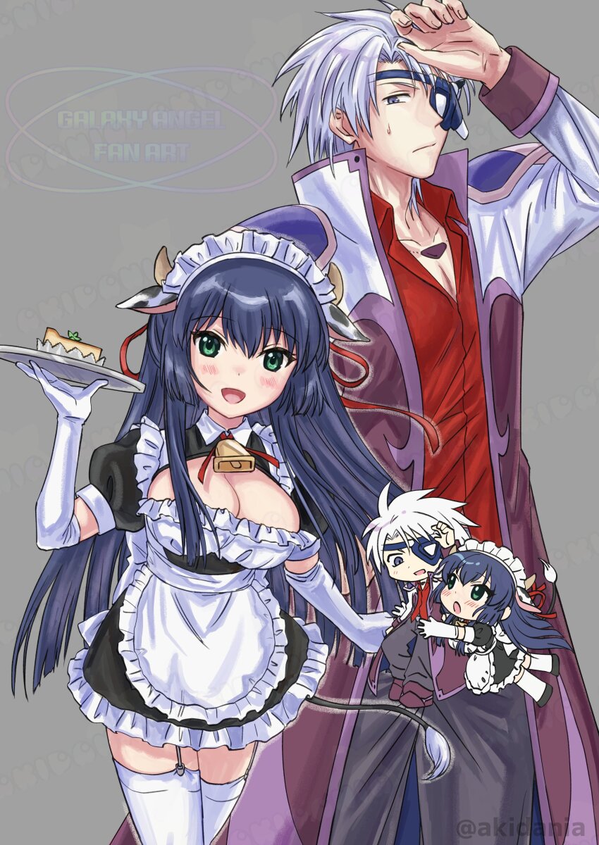 1boy, 1girl, :d, absurdres, alternate_costume, animal_ears, arm_up, bell, blue_hair, blush, breasts, chibi, cleavage, collarbone, collared_shirt, cow_ears, cow_horns, cow_tail, cowbell, cowboy_shot, enmaided, eyepatch, fake_animal_ears, galaxy_angel, green_eyes, grey_background, highres, holding, holding_plate, horns, hug, karasuma_chitose, kitaru, lester_coolduras, long_hair, maid, male_focus, multiple_views, open_mouth, plate, red_shirt, shirt, short_hair, smile, sweatdrop, tail, thigh_strap, thighhighs, twitter_username, white_hair, white_thighhighs