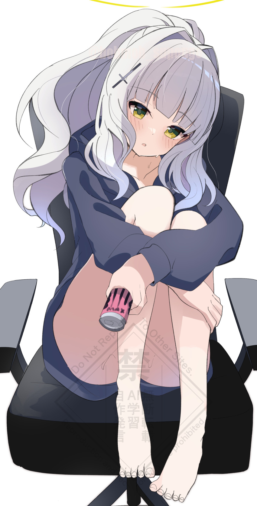 1girl, :o, absurdres, bare_legs, barefoot, black_hoodie, blue_archive, blush