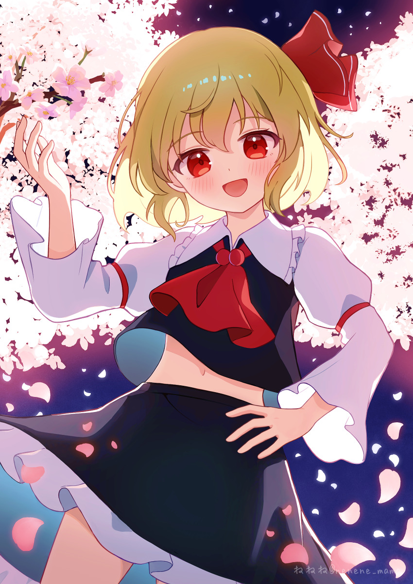 1girl, :d, absurdres, artist_name, ascot, black_skirt, black_vest, blonde_hair