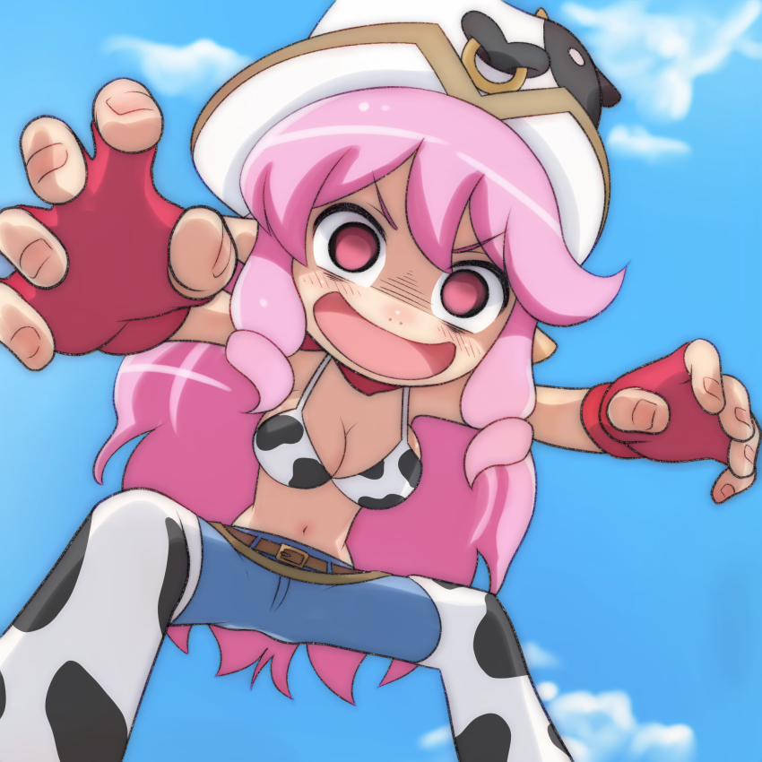 1girl, animal_hat, animal_print, bandana, belt, bikini, bikini_top_only, blue_pants, blush, bow_print, breasts, brown_belt, chaps, cleavage, cloud, cow_girl, cow_hat, cow_print, cow_print_bikini, cowboy_hat, crazy_smile, denim, etotama, fingerless_gloves, from_below, gloves, hat, highres, jeans, large_breasts, leaning_forward, long_hair, moo-tan, navel, open_mouth, pants, pink_eyes, pink_hair, pointy_ears, print_bikini, print_chaps, red_bandana, red_gloves, sky, smile, standing, swimsuit, t_jiroo_(ringofriend), white_bikini, white_chaps, white_hat