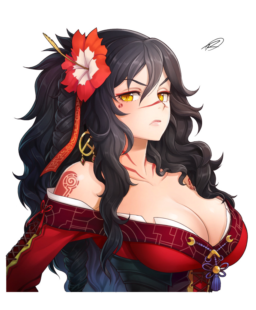 1girl, arienne_(knights), arm_tattoo, bags_under_eyes, bare_shoulders, black_corset, black_hair, body_markings